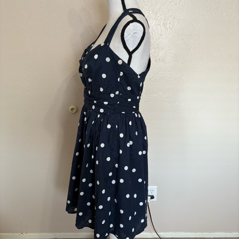 Whit Two Anthropologie Eva Navy Blue Polka Dot Cutout Sleeveless Halter Dress - Picture 5 of 11